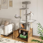GAOMON Multi-Functional Cat Tree with Hidden Litter Box Enclosure – Spacious Hammock, Cozy Top Perch, Multi-Level Condo, Sisal Scratching Posts, Sturdy Indoor Cat Furniture, Brown