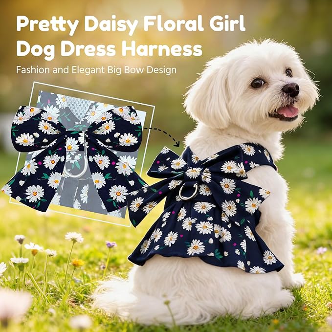 BAEJMJK Dog Dress Bowknot Harness Leash Set for Small Dogs Cats Daisy Floral Girl Dog Dresses Cute Puppy Princess Clothes Pet Doggy Outfits Spring Summer Breathable Dresses (X-Small, Navy Blue)