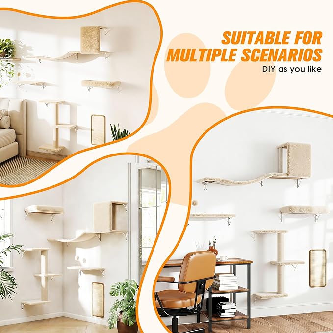 COZIWOW Cat Wall Shelves Set, 5-Piece Wall Mounted Cat Furniture with Cat Tree & Scratching Post, Floating Cat Perches for Indoor Cats（Beige）