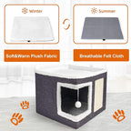 2 Pack Cat Houses for Indoor Cats - Large Cat Bed Cave with Scratch Pad and Fluffy Ball, Foldable Cat Hideaway Condo with Reversible Cushion for Multi Small Pet, Dark Grey