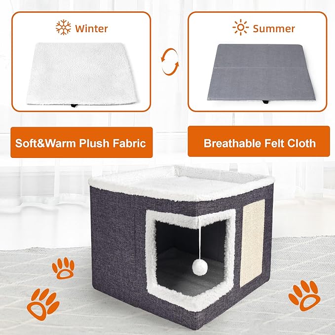 2 Pack Cat Houses for Indoor Cats - Large Cat Bed Cave with Scratch Pad and Fluffy Ball, Foldable Cat Hideaway Condo with Reversible Cushion for Multi Small Pet, Dark Grey