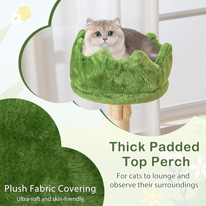 PETSITE 63 inch Tall Cat Tree, Multi-Level Aesthetic Stripped Cat Tower with Sisal Scratching Posts, 2 Condos, 2 Side Baskets, and 2 Dangling Balls, Indoor Green Cat Tree Tower for Indoor Cats