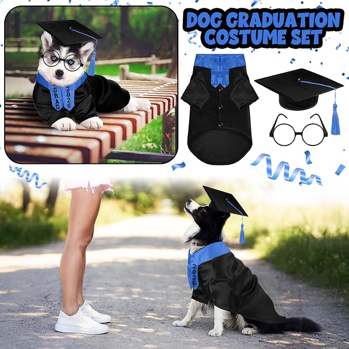 5 Pcs Dog Graduation Costume Set Include 2026 Pet Graduation Gown with Stole Puppy Grad Cap Lensless Glasses DIY Letter Stickers for Dogs Cats Holiday Costume Accessory(Black Royal Blue,L)