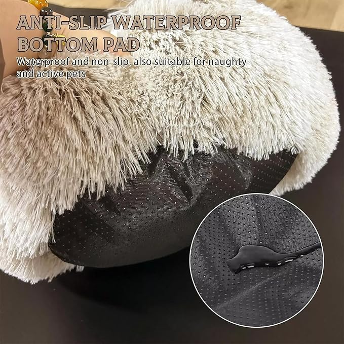 Cat Bed Round Fluffy Hooded Cat Bed Cave, Anti-Anxiety Cave Bed with Hooded Blanket, Cozy Cuddler Luxury Puppy Pet Bed, Anti-Slip Bottom and Machine Washable (Khaki, Medium)