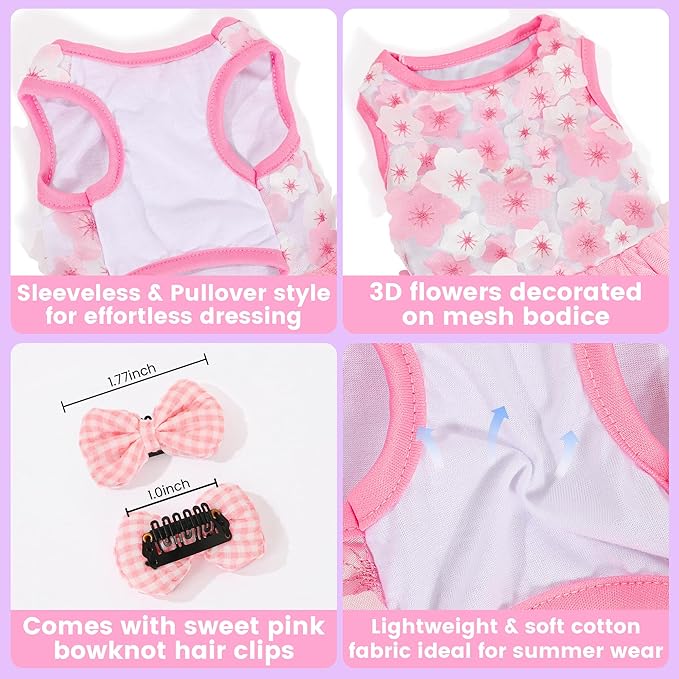 Dog Dress, Fashion Puppy Tutu Princess Dresses for Small Dogs Girl, Sweet Skirt with Dog Bowknot Clips, Spring Dog Cat Clothes Pet Apparel (Pink Floral Dress, XXX-Small)