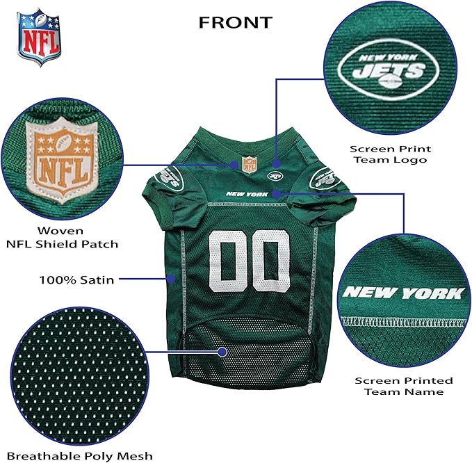 Pets First NFL New York Jets Dog Jersey, Size Medium, Football Shirt Costume for Pet, Dog Sports T-Shirt, NFL Team Clothing for Cats, Licensed Pet Apparel Available in 7 Sizes and 32 Teams