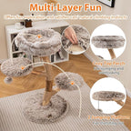 Tangkula Solid Wood Cat Tree, Multi-Level Modern Cat Tower with Scratching Posts, Cozy Top Perch, 2 Platforms, Dangling Ball, Soft Long Plush, Natural Branch Cute Cat Tree for Indoor Kittens