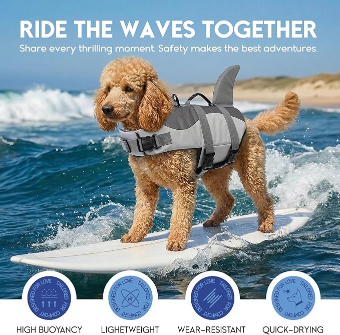 ASENKU Dog Life Jacket - Pet Safety Vest for Swimming & Boating, Shark Life Jacket with Floatation, Dog Lifesavers Swimsuits for Small Medium Large Dogs (Grey, XL)