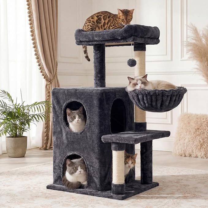 Medium Cat Tree with Scratching Posts, Cat Bed, Hammocks & Condos – Multi-Level Cat Tower for Playful Cats, 36" Modern Jungle Gym, Dark Grey