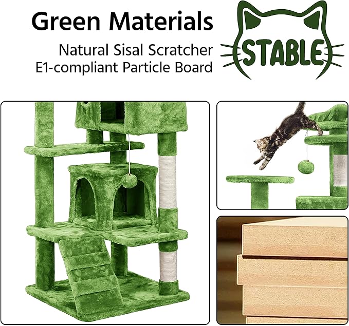 Topeakmart 54in Cat Tree with Scratching Posts Spacious Condos Furry Hanging Ball Cat Climbing Tower for Indoor Cats and Kittens, Green