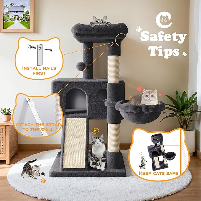 HOOMIC 36" Cat Tree for Indoor Kitty, Multi-Level Condo with Sisal Scratching Posts and Board, Cozy Hammock, Padded Plush Perch for Kittens, Dark Grey