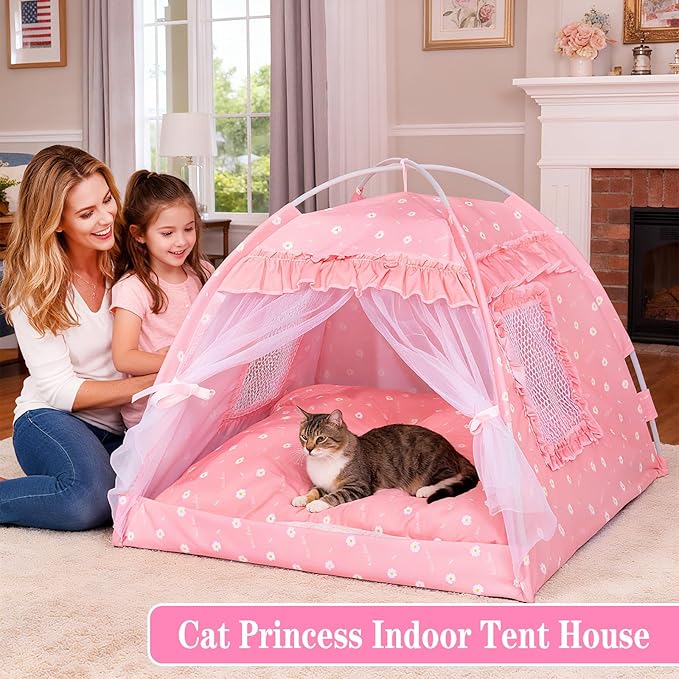 Cat Princess Indoor Tent House - Dog House Indoor/Outdoor Lace Mesh Breathable Windows Door Curtains Removable Portable Cave Nest Bed Bunny and Puppy (Pink, s)