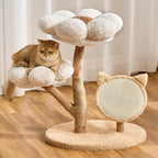 Aesthetic Flower Cat Tree Tower with Scratching Post for Indoor Cats, 30" H Modern Cat Tree with Natural Solid Wood Branch, Fluffy Cat Beds Removable & Large Scratching Board, Dreamy Blue