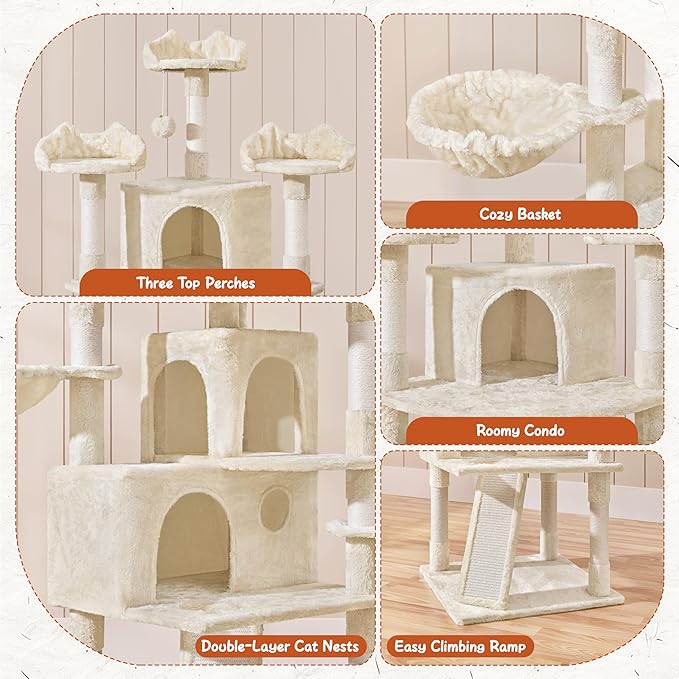 Topeakmart Cat Trees for Large Inoor Cats, 76.5'' Extra Big Cat Tower with 3 Cozy Perches, 3 Warm Condos, Scratching Posts for Cats Kitty