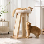 Modern Cat Tree Small Tower with Scratching Post for Indoor, Solid Wood Multifunctional Corner Cat Tree Tower with Bed, Dangling Ball,Interactive Rope, Scratching Board