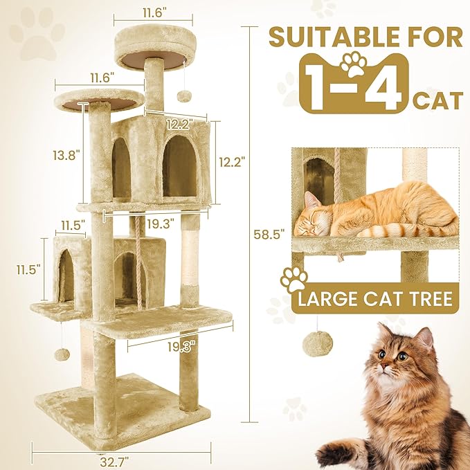 58" Cat Tree Large Cat Tower Condo w/Multi-Level Scratching Post for All Indoor Cats (Beige)