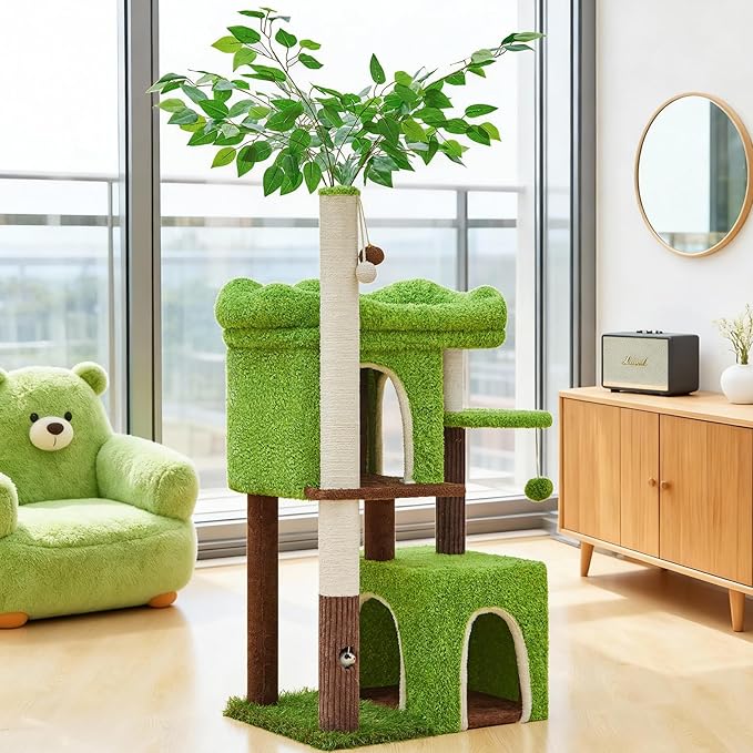 60in Cat Tree with Cat Scratching Post Tree-Shaped Cat Tree Tower with 2 Large Cat Houses and Wide Top Perch Bed for Adults and Large Cats