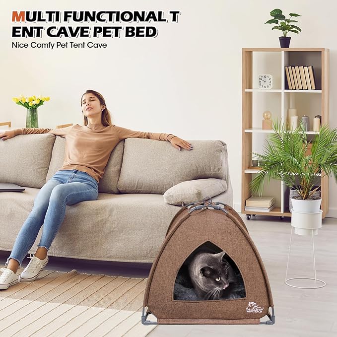 Winsterch Cat Bed Cave for Indoor Cats, Small Pet Tent Cave for Cats, Kittens, and Small Dogs, Warming Cat House with Removable Washable Cushion (18.5'‘ x 18.5’' x 15.8'', Brown)
