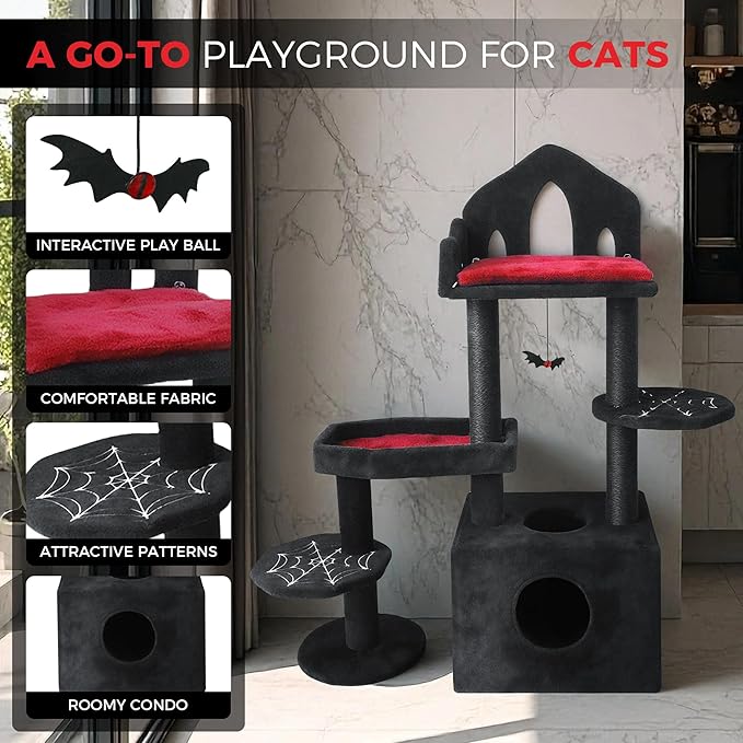 Gothic Cat Tree Tower 44.5" - Spooky Cat Condo with Throne Bed, Hanging Bat, Sisal Scratching Posts & Multi - Level Platforms, Elegant Black Cat Furniture for Indoor Cats