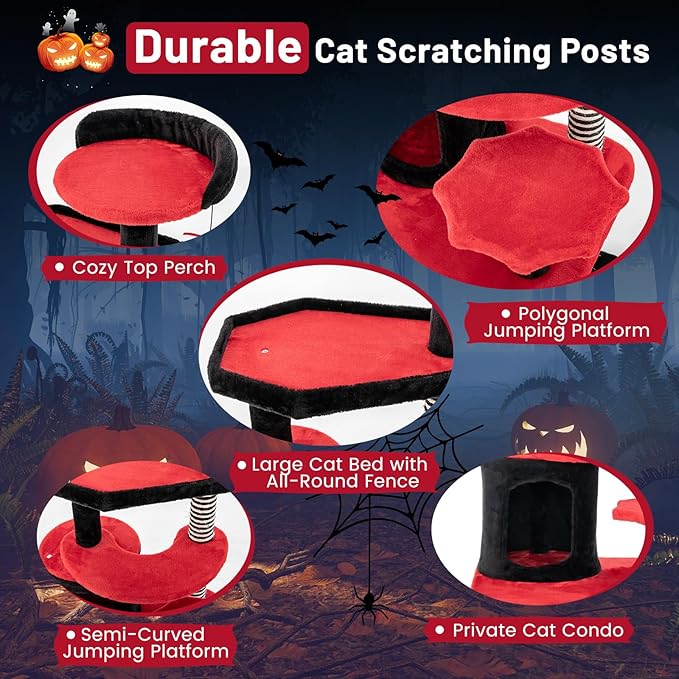PETSITE Gothic Cat Tree - 52 Inch Tower with Sisal Scratching Post, Coffin Bed, Cat Condo, Ladder and Bat-Shaped Ball, 6-Tier Goth Cat Tree for Indoor Cats