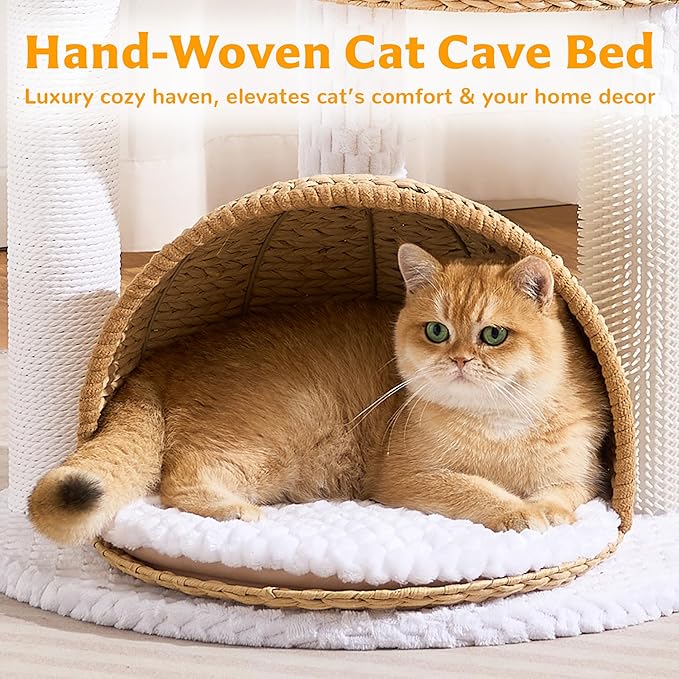 Modern Cat Tree Tower for Large Cat with Scratching Post for Indoor, 46 inch Multi-Level Cat Tower with Handwoven Beds, Cat Cave, Dangling Balls