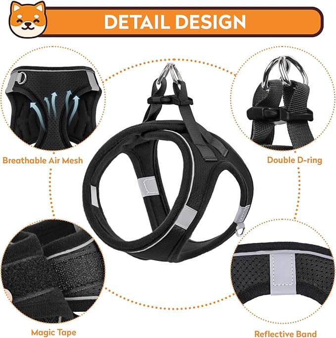 Dog Harness with Leash Set, No-Pull Step-in Reflective Pet Harness with 1 Leash Clips, Adjustable Soft Padded Easy Walk Dog Vest for Small Medium Large Dogs, Cats(Carbon Black, XXSmall)