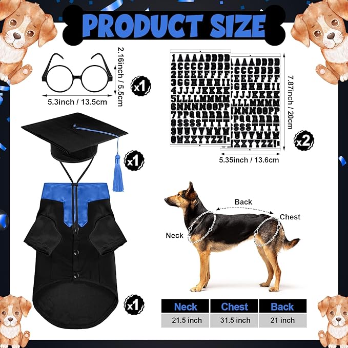 5 Pcs Dog Graduation Costume Set Include 2026 Pet Graduation Gown with Stole Puppy Grad Cap Lensless Glasses DIY Letter Stickers for Dogs Cats Holiday Costume Accessory(Black Royal Blue,XL)