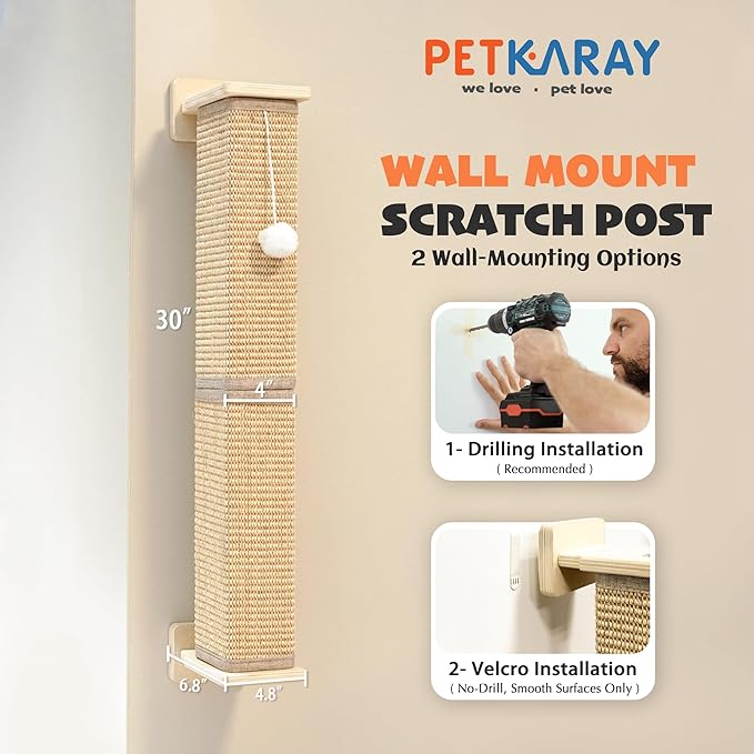 PETKARAY Wall Mounted Cat Scratcher, 30" Large Sisal Cat Scratcher for Wall, Square Sisal Cat Scratching Post with Toy Ball