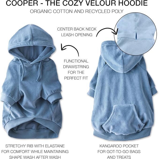 Cooper II Organic Cotton Velour Dog Hoodie Pet Coat for Small, Medium and Large Dogs, Faded Denim, Small (10-25 lbs)