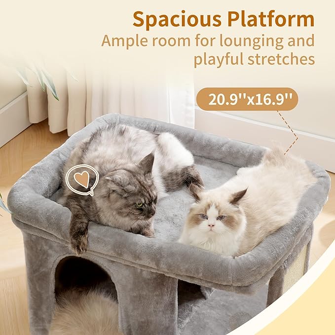 Heybly Cat Tree, 14 inch Cat Tower with Large Perch Bed and Cat Condo for Indoor Cats Large Adult, Cat House with Scratching Posts and Interactive Spring Balls for Your Kittens, Light Gray HCT203SW