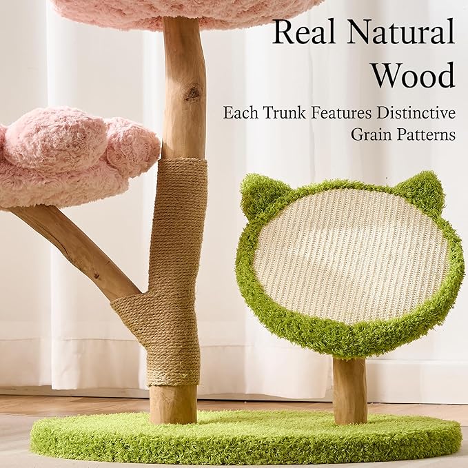 797Audio Natural Wood Flower Cat Tree, Modern Cat Tower with Real Solid Wood Branch, Luxury Aesthetic Cat Tree with Scratching Post, Scratch Pad, Cat Tree Tower for Indoor Large Adult Cats, Baby Pink