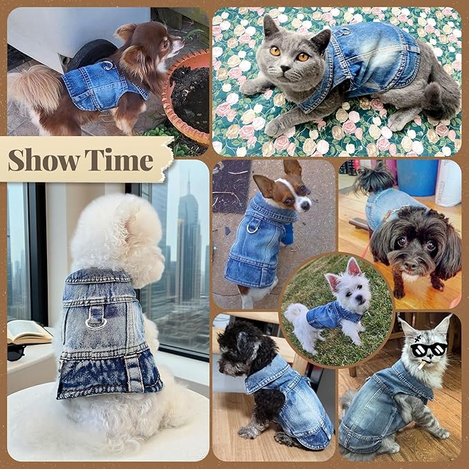 Cool Dog Jean Jacket Vest with D-Ring Blue Denim Dogs Outfits for Small Medium Dogs Cats Boy Male Dog Clothes Costume Dogggie Puppy Harness Coat for Frenchie Walking(Blue with D-Ring,L)
