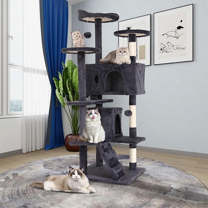 54" Multi-Level Cat Tree Tower with Scratching Posts, Toys & Condo - Space-Saving Design for Indoor Kittens, Compact Floor Footprint & Vertical Space for Multi-Cat Homes-Light Grey