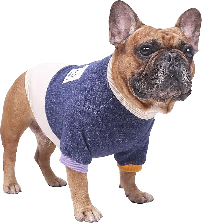 iChoue Pet Dog Crewneck Sweater Color Block Pullover Winter Warm Clothes for English Bulldog Bully Pitbull - Navy and Beige/XLarge