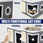 Cat Beds for Indoor Cats, Large Cat Cave Bed with Scratch Pad and Fluffy Ball, Foldable Cat Hideaway, Cat House with Reversible Cushion for Multi Small Pet Up to 30LBS, Grey