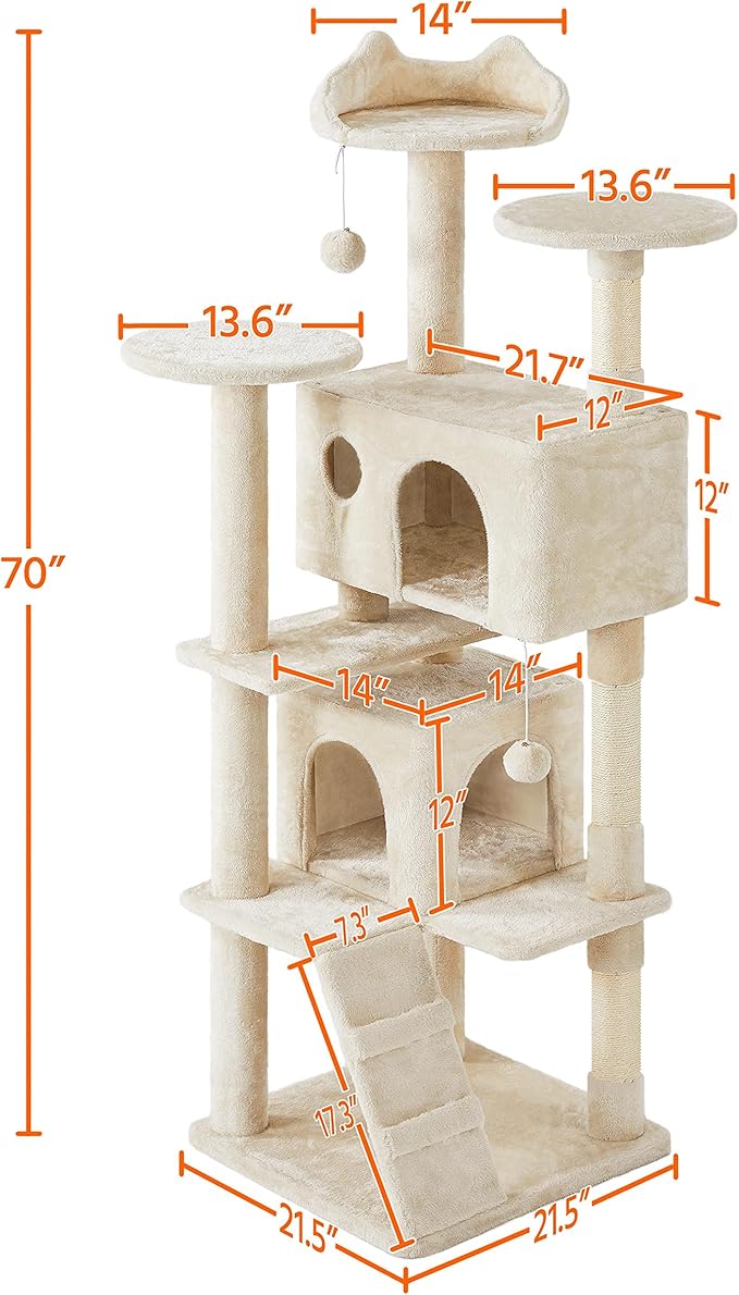 Topeakmart 70in Cat Tree, Multi-Level Cat Tower with Scratching Post Dangling Ball and Condos Cat Furniture for Indoor Cats, Beige