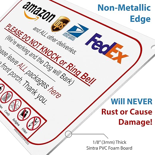 Leave Package Sign - Do Not Knock or Ring Doorbell, Dog Will Bark, 6" x 9" No Rust & Waterproof PVC, Will Not Scratch Hang Sign by SPRYZZLE