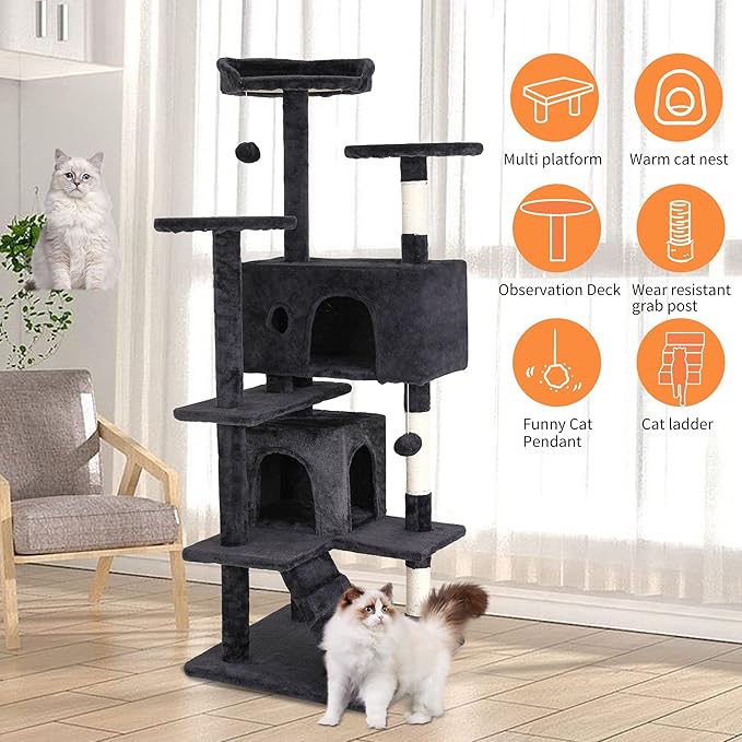 70 Inch Cat Tree for Indoor Cats - Multi-Level Tower With Scratching Post, Condo, Plush Perch, Dangling Ball - Heavy Duty for Large Cats, Ashy