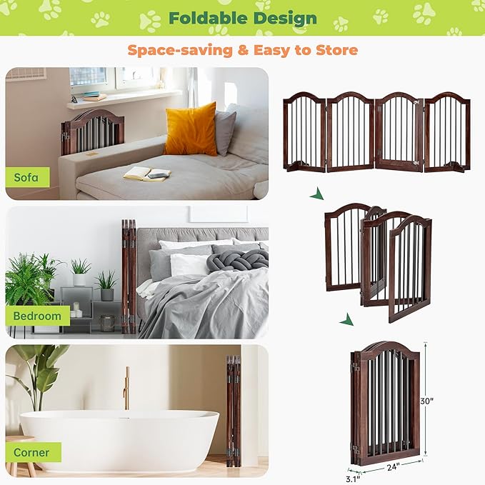 PrimeZone 96" Wide Dog Gate with Door - 30" Tall 4-Panel Solid Acacia Wooden Freestanding Puppy Gates, Foldable Indoor Pet Fence for Doorways, Stairs, Support Feet Included, Brown