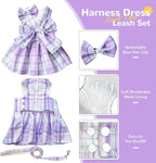 PETCARE Cute Dog Dress Clothes for Small Dogs Cats Girl Female Purple Plaid Bow Tie Dog Harness Dresses Leash Set with Pearls Bow Accessories Birthday Puppy Dress Shih Tzu Yorkies Chihuahua Outfits