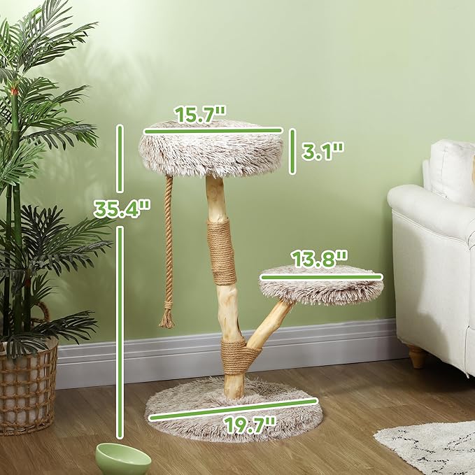 PawHut Cat Tree Tower, 35 Inch Modern Cat Tree for Indoor Adult Cats with Wooden Natural Branch Scratching Posts, Cat Bed & Rope Cat Toy, Brown