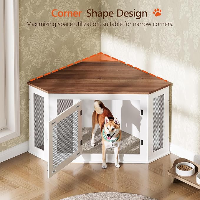 Corner Dog Crate Furniture, Wooden Dog Kennel End Table, Decorative Pet Crate Indoor Use, Furniture Style Dog House for Small Medium Dog, Dog Cage TV Stand, White and Walnut DCBA0801