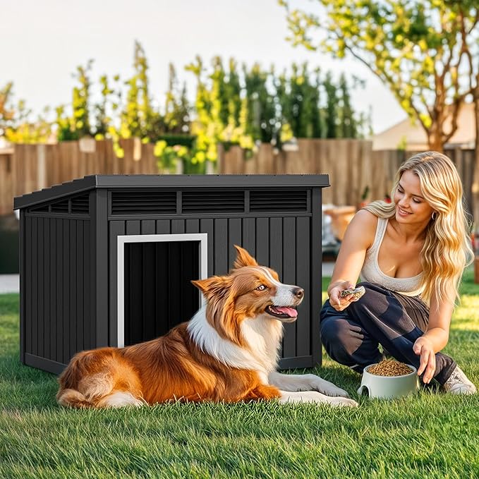 YITAHOME Plastic Dog House, Indoor & Outdoor Dog Kennel with Lift-Up Sloping Roof, Waterproof & Ventilated for Small to Medium Dogs, Easy to Clean Design, Black