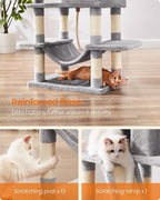 Feandrea Cat Tree, 66.1-Inch Large Cat Tower, Multi-Level Plush Condo with 13 Scratching Posts, 2 Perches, 2 Caves, Basket, Hammock, Pompoms, Light Gray UPCT165W01