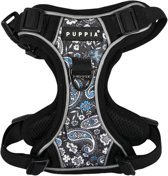 Puppia Cynthia Dog Harness H Sturdy Adjustable Neck and Chest Reflective Flower Pattern Front and Back D-Ring for Small and Medium Dogs, Black, Medium