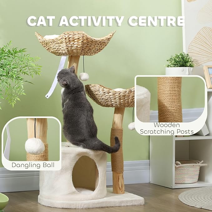 37 Inch Cat Tree with Scratching Posts - Modern Wooden Cat Tower with Condo, Plush Beds, Cushions & Toy Balls, Anti-Tip Kit for Indoor Cats, Multi-Level Furniture for Small to Medium Cats