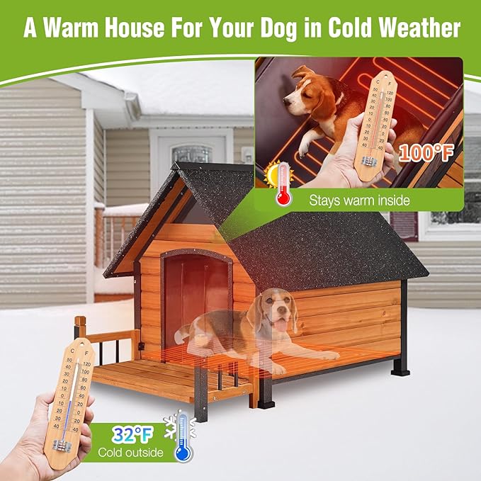 GUTINNEEN Heated Dog House for Outside Dog Kennel with Insulated Line and Heating Pad，Anti-Chewing Metal Frame Dog Shelter with Raise Floor and Waterproof Roof，Brown