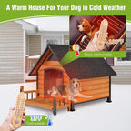 GUTINNEEN Heated Dog House for Outside Dog Kennel with Insulated Line and Heating Pad，Anti-Chewing Metal Frame Dog Shelter with Raise Floor and Waterproof Roof，Brown