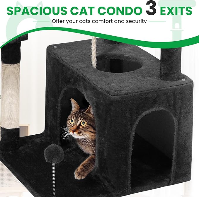 54 Inches Large Cat Tree Tower for Indoor Cat, Tall Cat Tower with Scratching Posts, Cat Condos, Cat Hammock, Pompoms, Top Perches, Sisal Rope, for Bed Room, Living Room (Black)