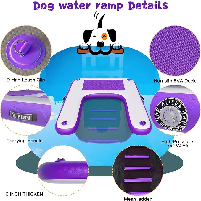 ALIFUN Inflatable Dog Ramp Floating Dock Water Raft Ladder for Pool, Boat, Non-Slip EVA Floating Ladder for Dog Up to 220 LBs Purple 140CM Length (Black-Purple, for Small Dogs Up to 80 lbs)